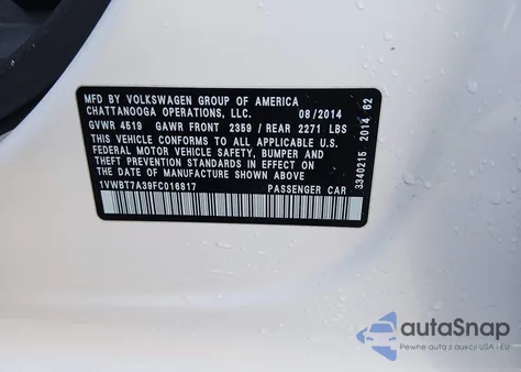 2015 Volkswagen Passat 1.8T Se из США, поврежденный, VIN 1VWBT7A39FC016817